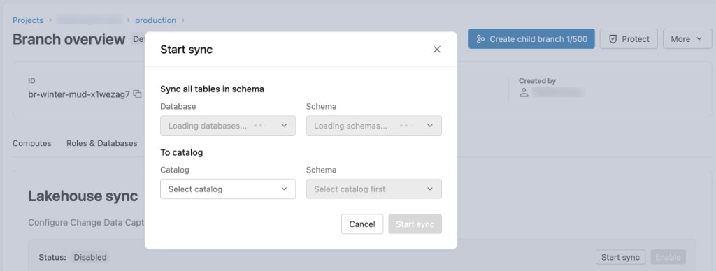 同期の開始とスキーマ構成を示すレイクハウスの同期タブを含むブランチの概要