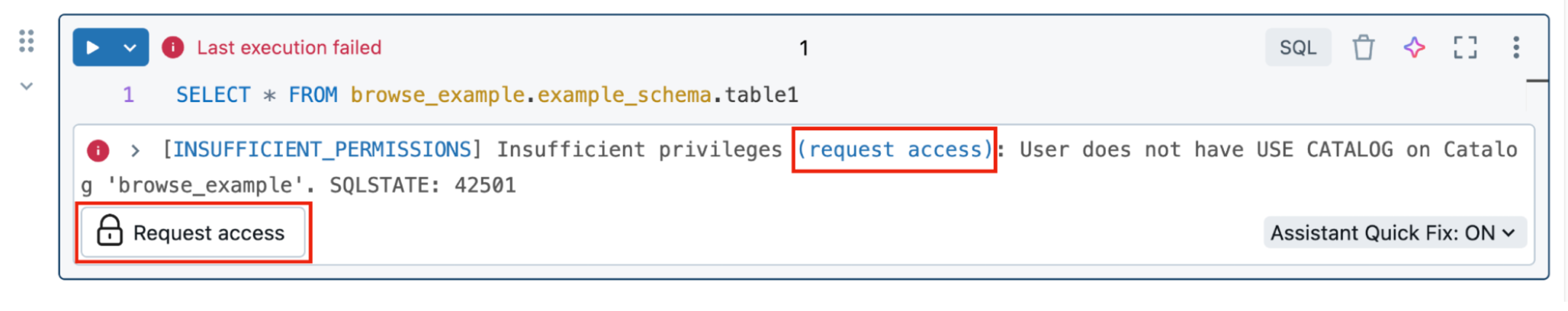 SQLクエリーがINSUFFICIENT_PERMISSIONSエラーで失敗し、アクセス権のリクエストアフォーダンスが表示されています。