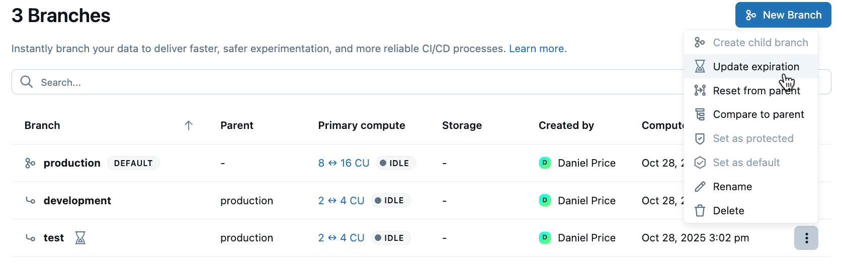 ブランチの有効期限の更新