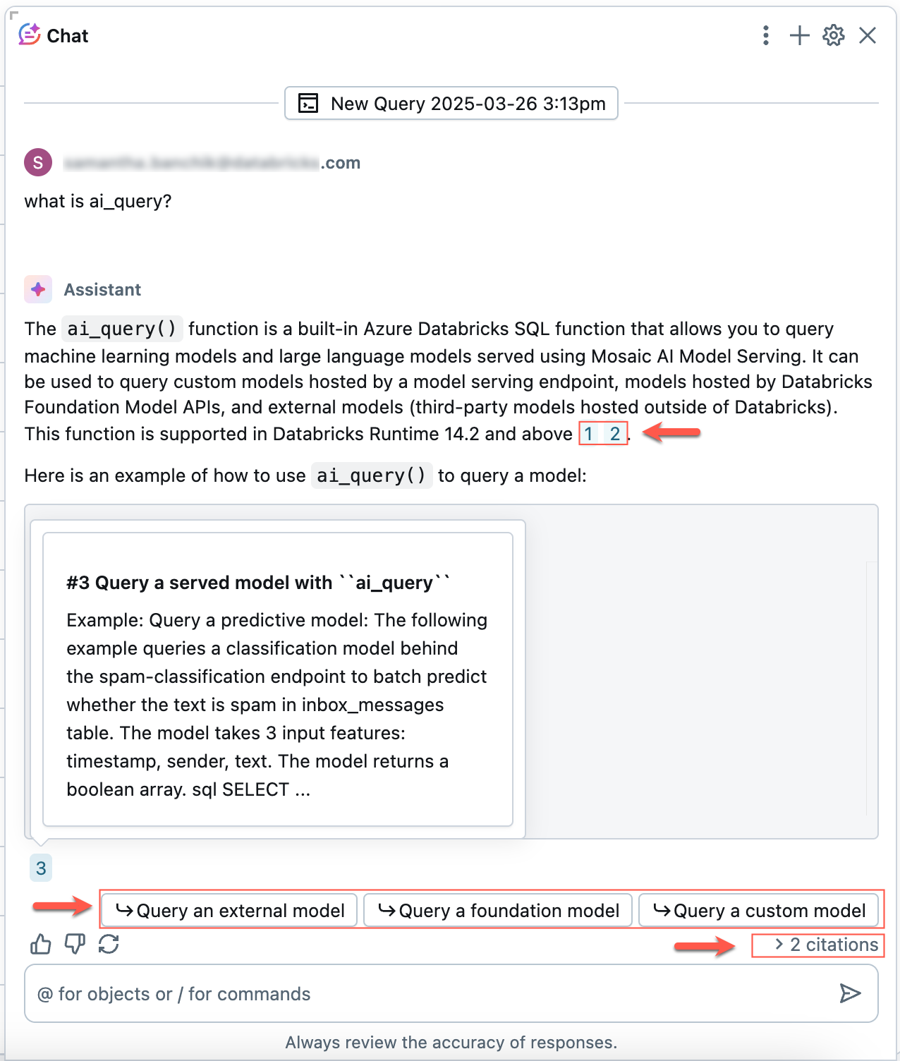 Citações de documentação e sugestões de acompanhamento do Databricks Assistant.