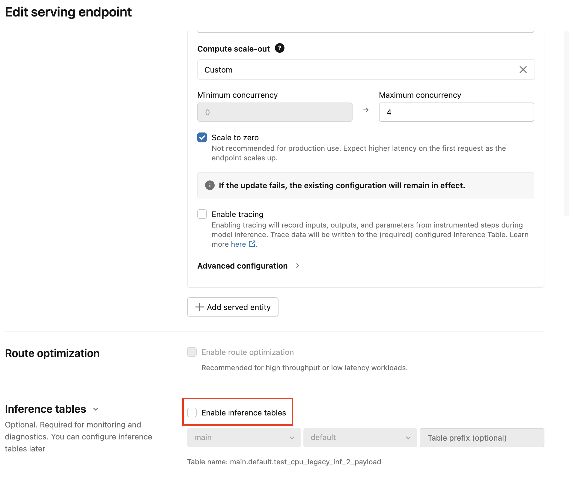 Exemplo de captura de tela para desativar a tabela de inferência legada.