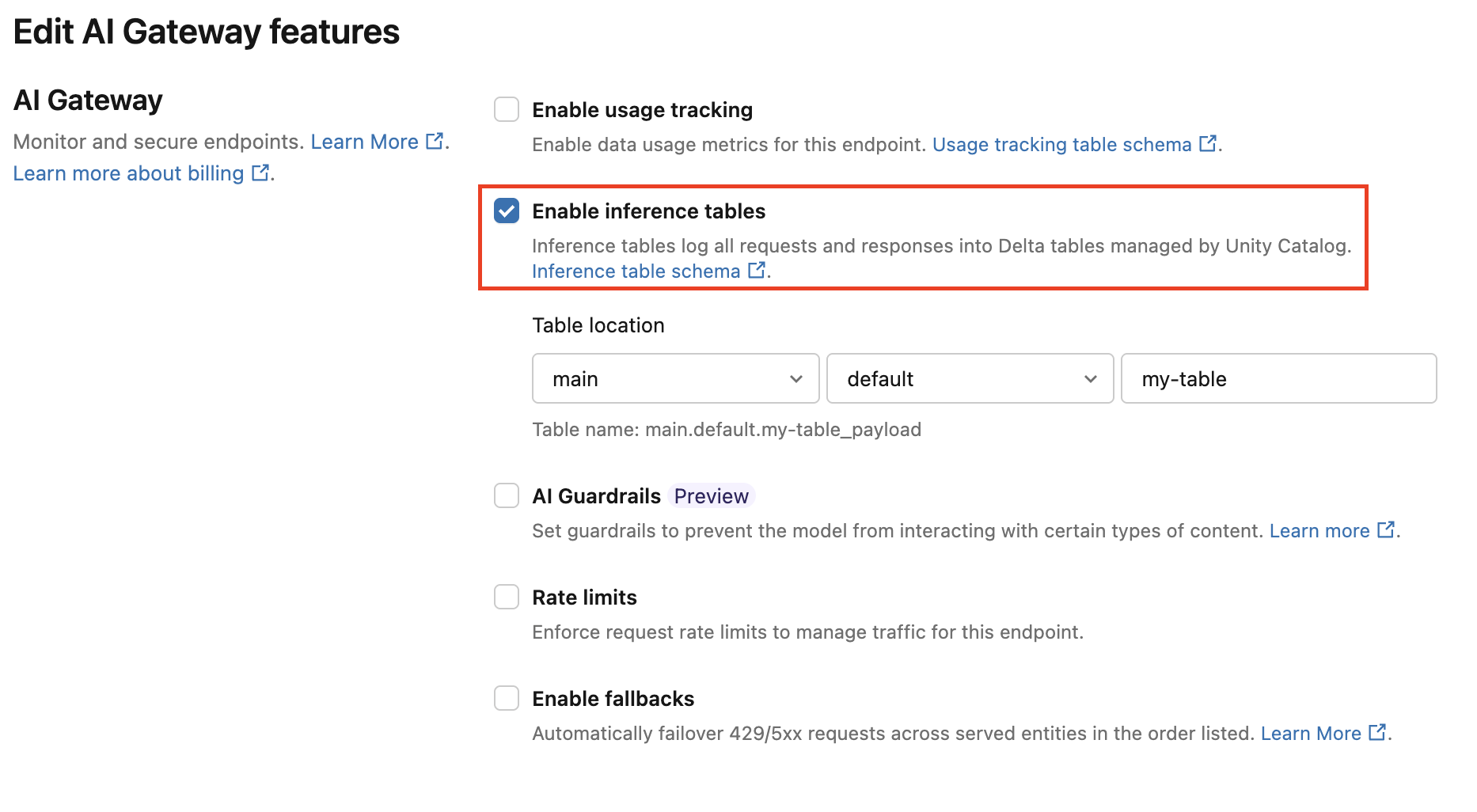 Exemplo de captura de tela para habilitar a tabela de inferência do AI Gateway.