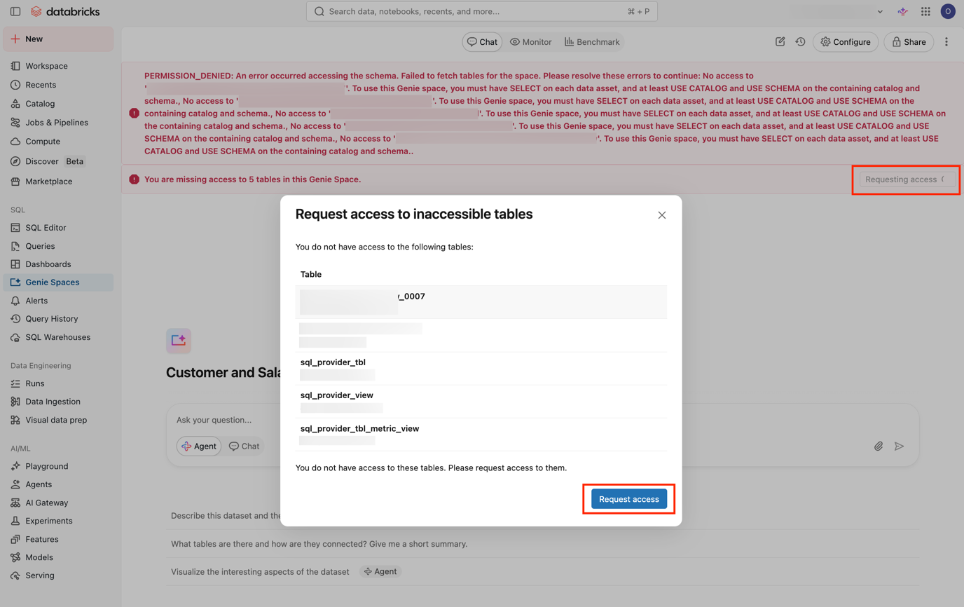 Agente Genie com um modal de Solicitar acesso listando tabelas inacessíveis.