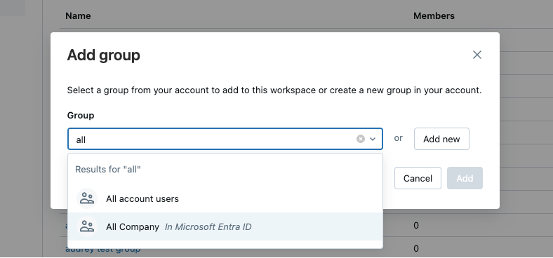 Adicionar grupo de IDs do MS Entra a partir workspace