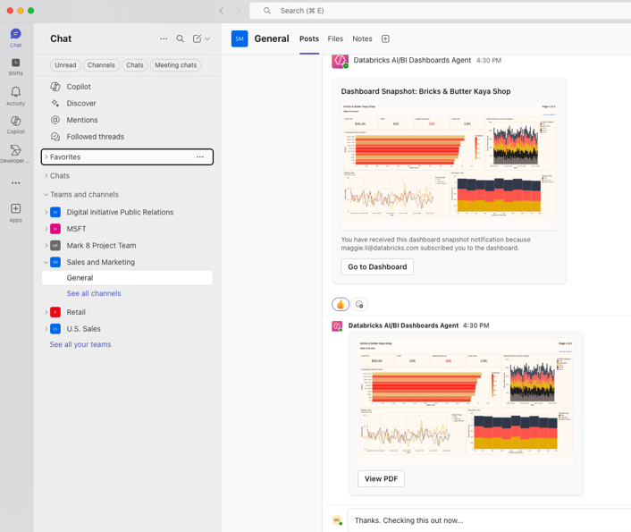 Exemplo de uma notificação do Teams mostrando um instantâneo do painel.