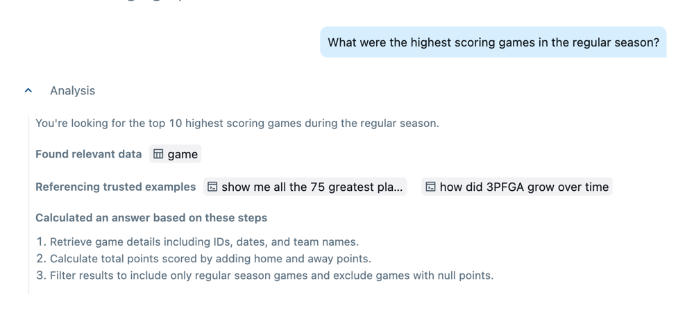 Genie thinking steps showing plain language explanation of SQL logic