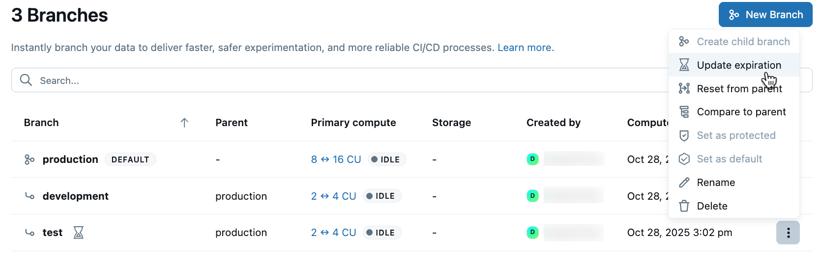 Atualização do vencimento do branch