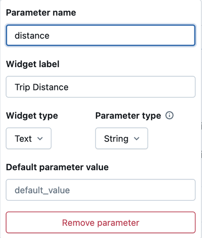 Configurações do widget de parâmetros com campos para nome do parâmetro, rótulo do widget, tipo de widget, tipo de parâmetro e valor default do parâmetro.