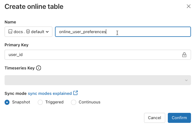 configure online table dialog