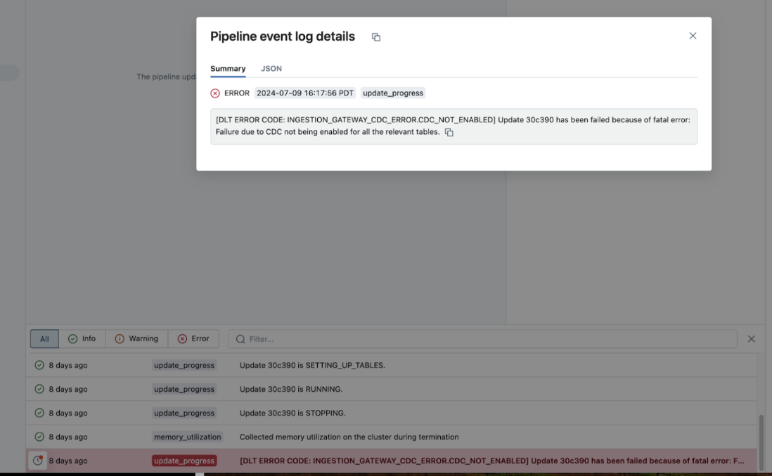 Pipeline failure error message