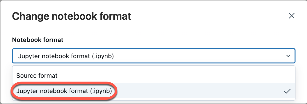 The modal dialog box where you can select the IPYNB notebook format.