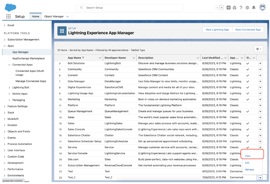 Salesforce view connected app