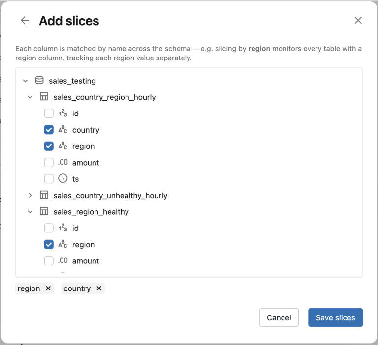 Add slices pane showing a schema column tree with columns selected.