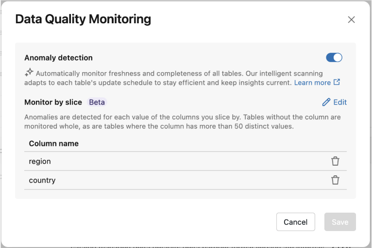Monitor by slice section listing the configured slice columns.