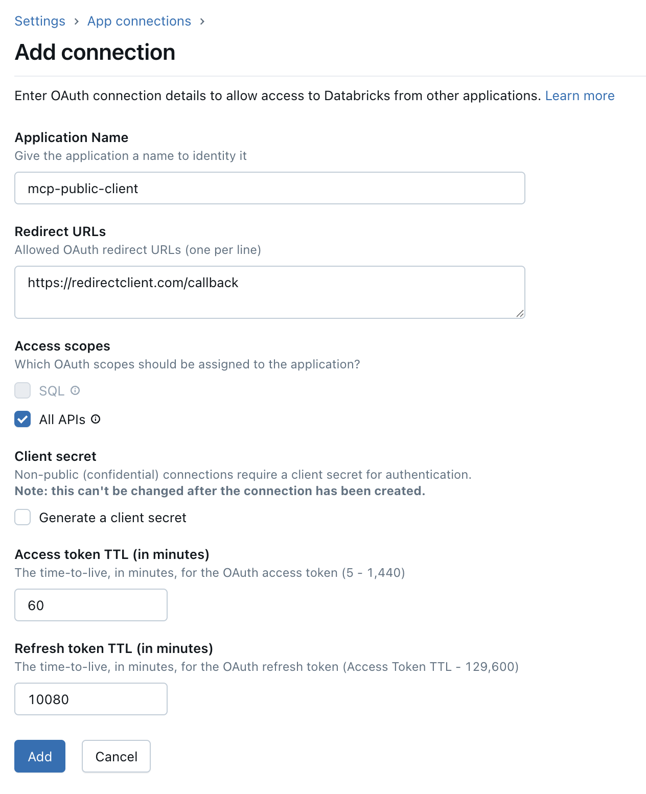Configuring App Connections in Databricks