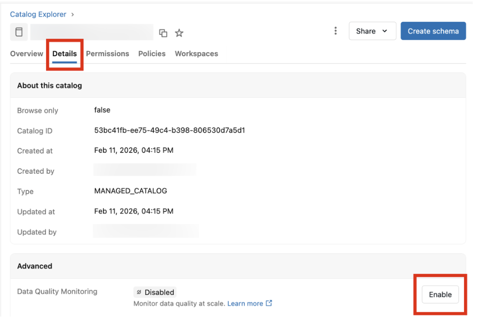 Details tab for the catalog page in Catalog Explorer