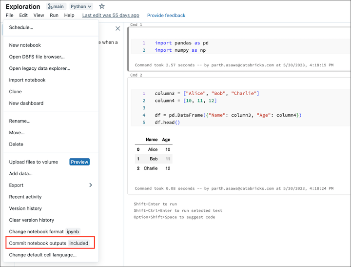 Notebook editor: Commit notebooks outputs status and control.