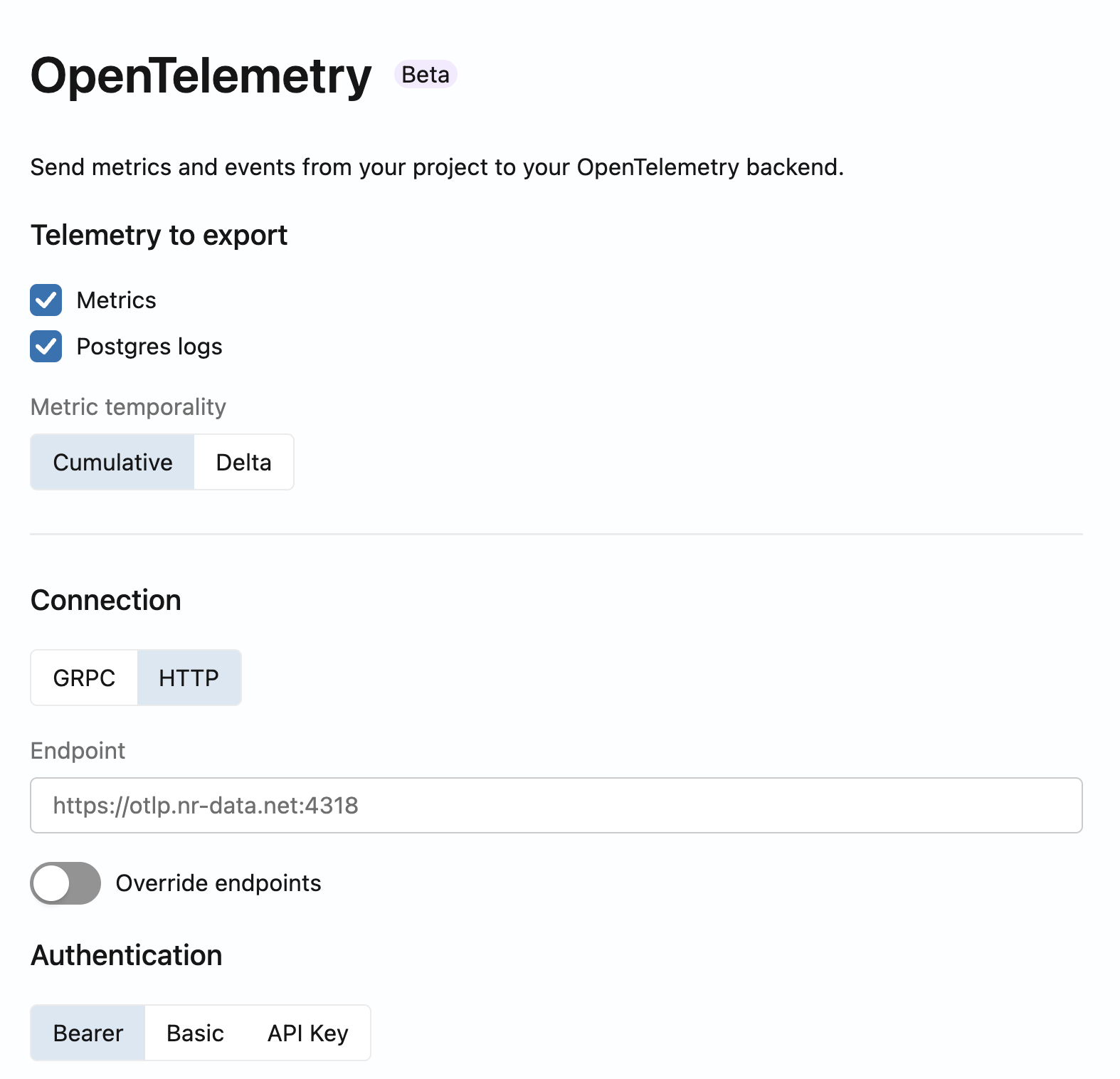 Lakebase OpenTelemetry configuration form showing protocol, endpoint, authentication, and resource attribute fields.