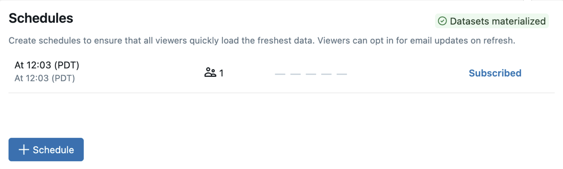 The dashboard's Schedules panel showing a Datasets materialized badge for the refresh schedule.