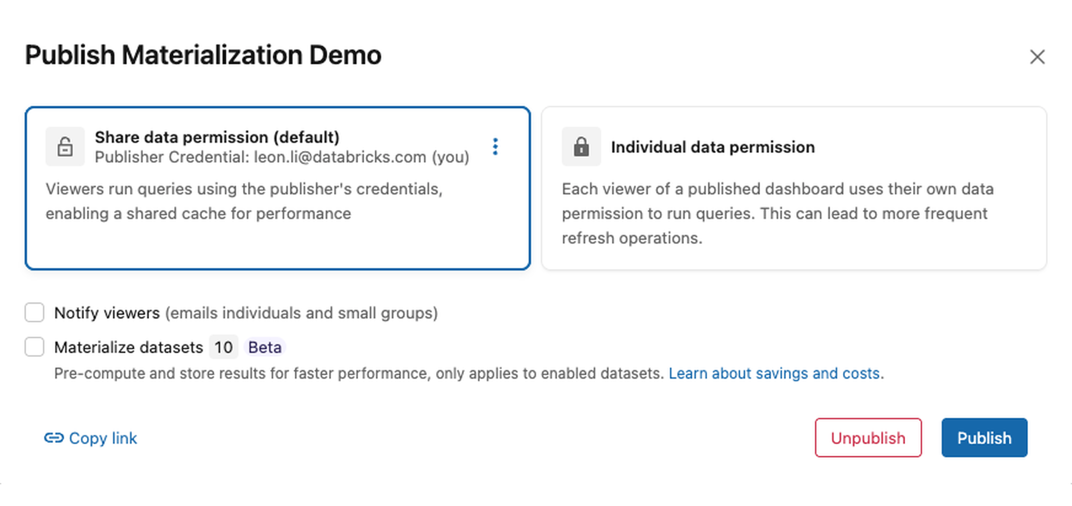 The publish dialog with shared data permissions selected and the Materialize datasets option.