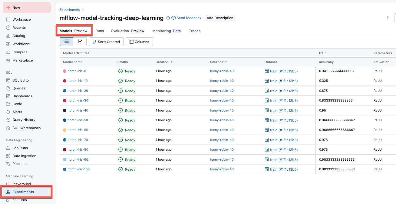 Model tracking UI.