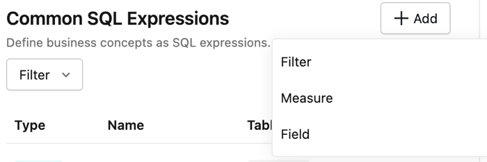 SQL expressions interface showing measures, filters, and fields
