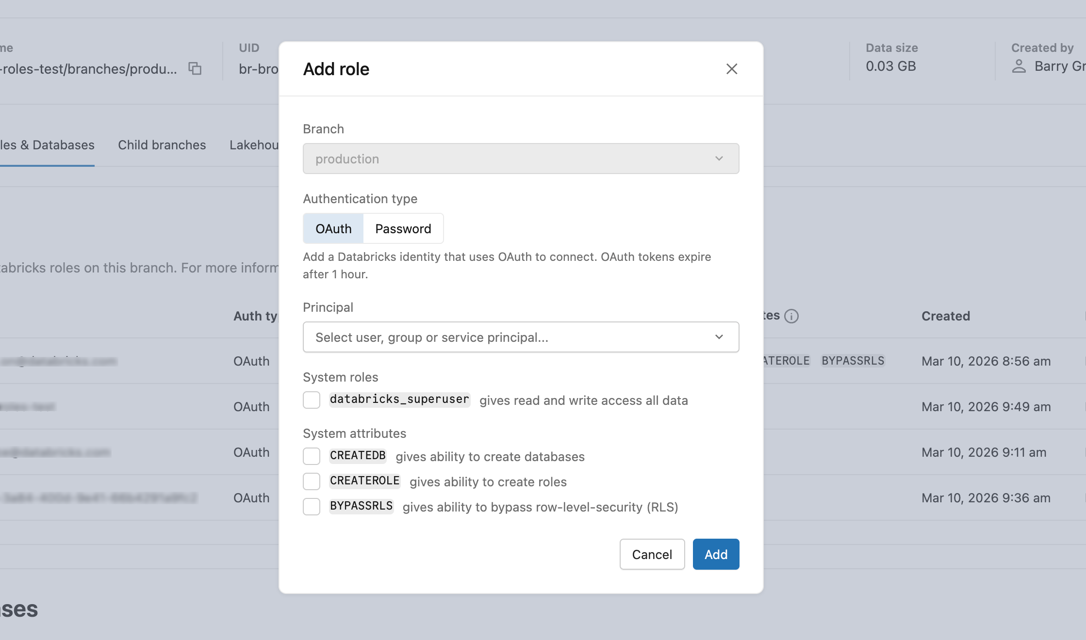 Ajouter un rôle — Tab OAuth