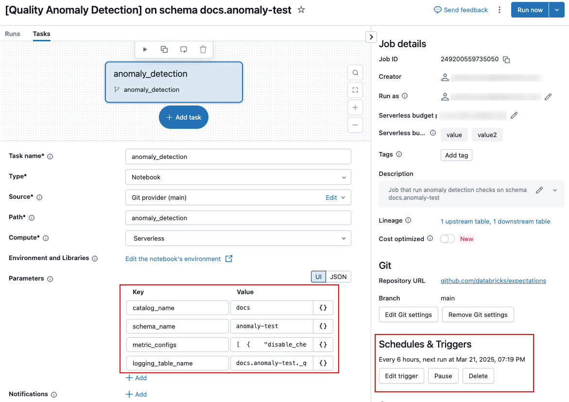 Page Jobs affichant le job de détection d'anomalies.