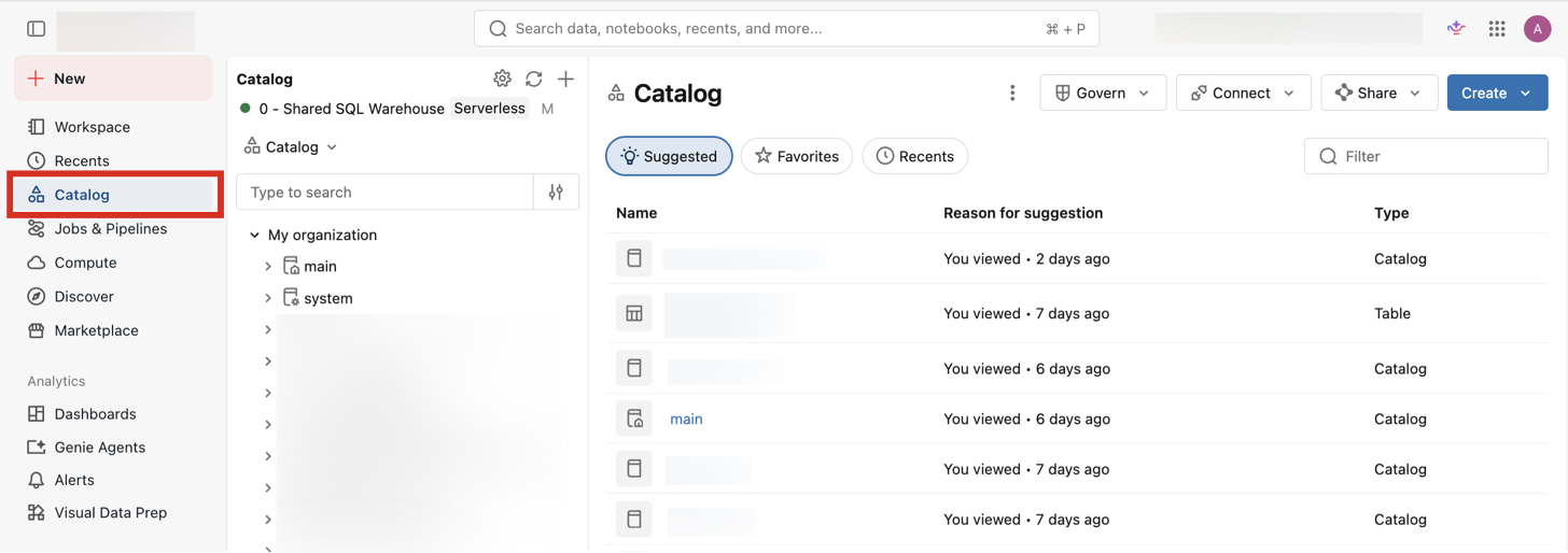 L'interface de l'Explorateur de catalogue, affichant l'arborescence du catalogue et une liste d'objets avec des suggestions