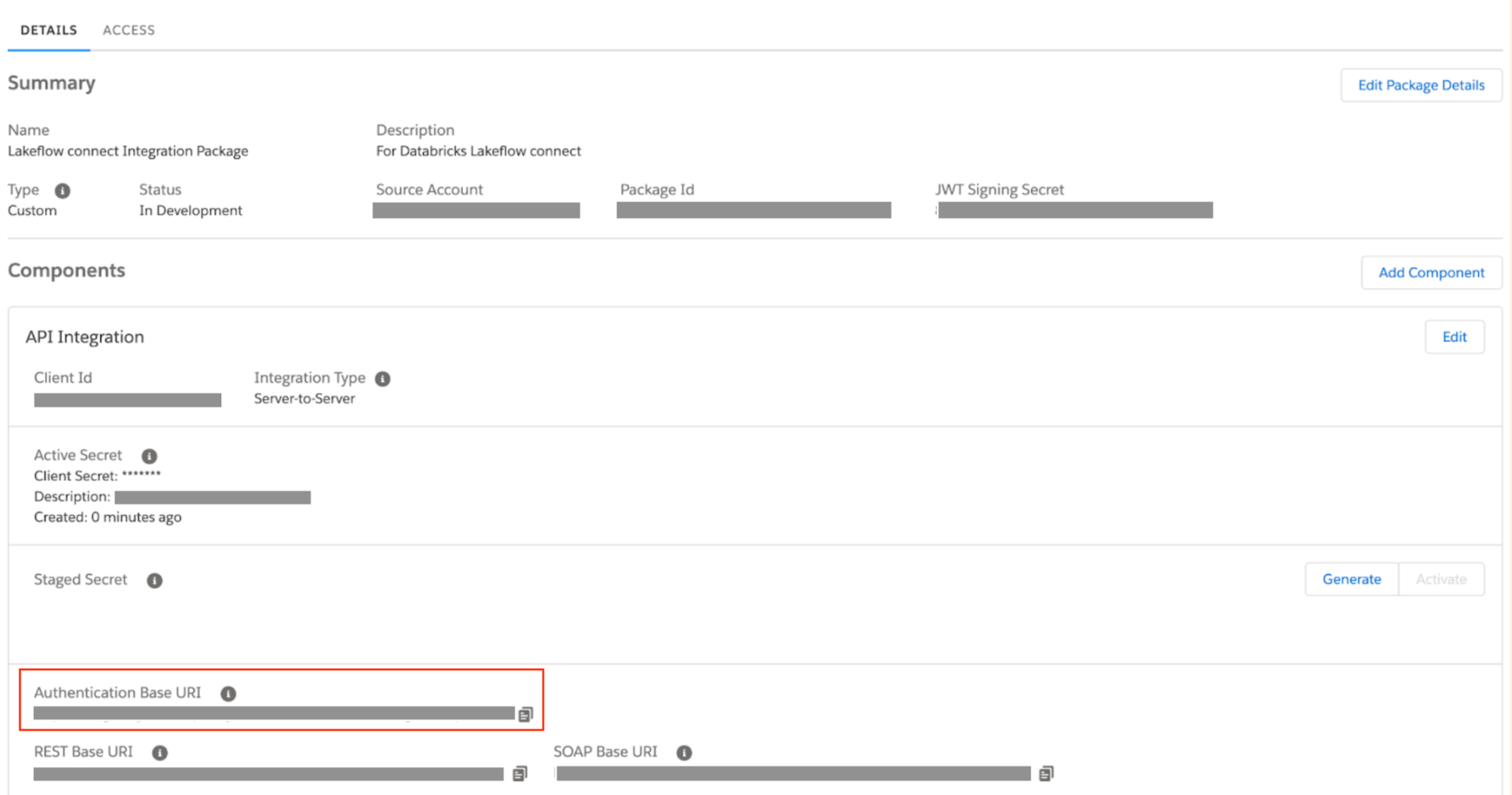 Page Détails du package mettant en évidence l'URI de base d'authentification