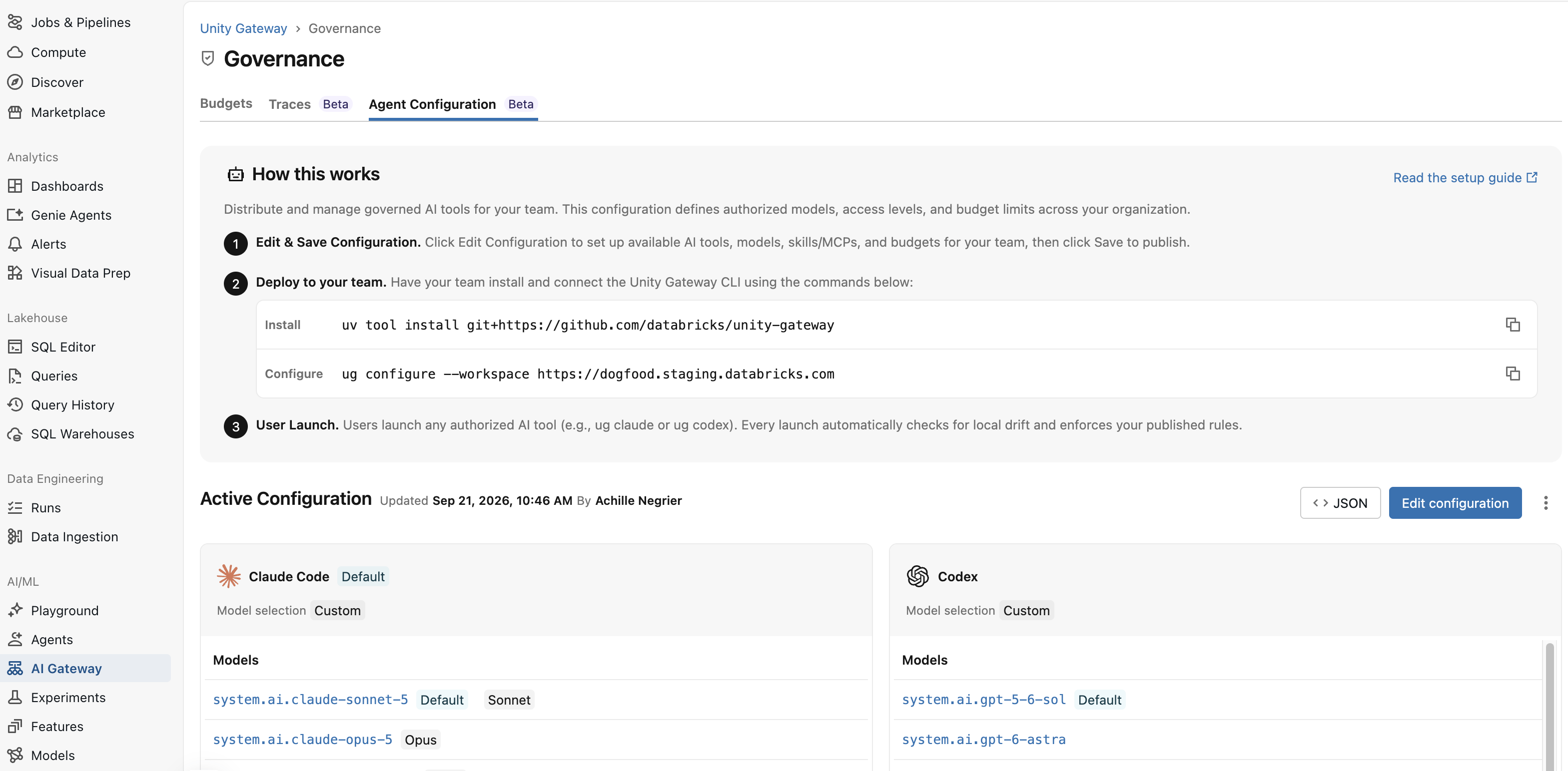 Page de configuration de l’agent affichant le bouton Modifier la configuration