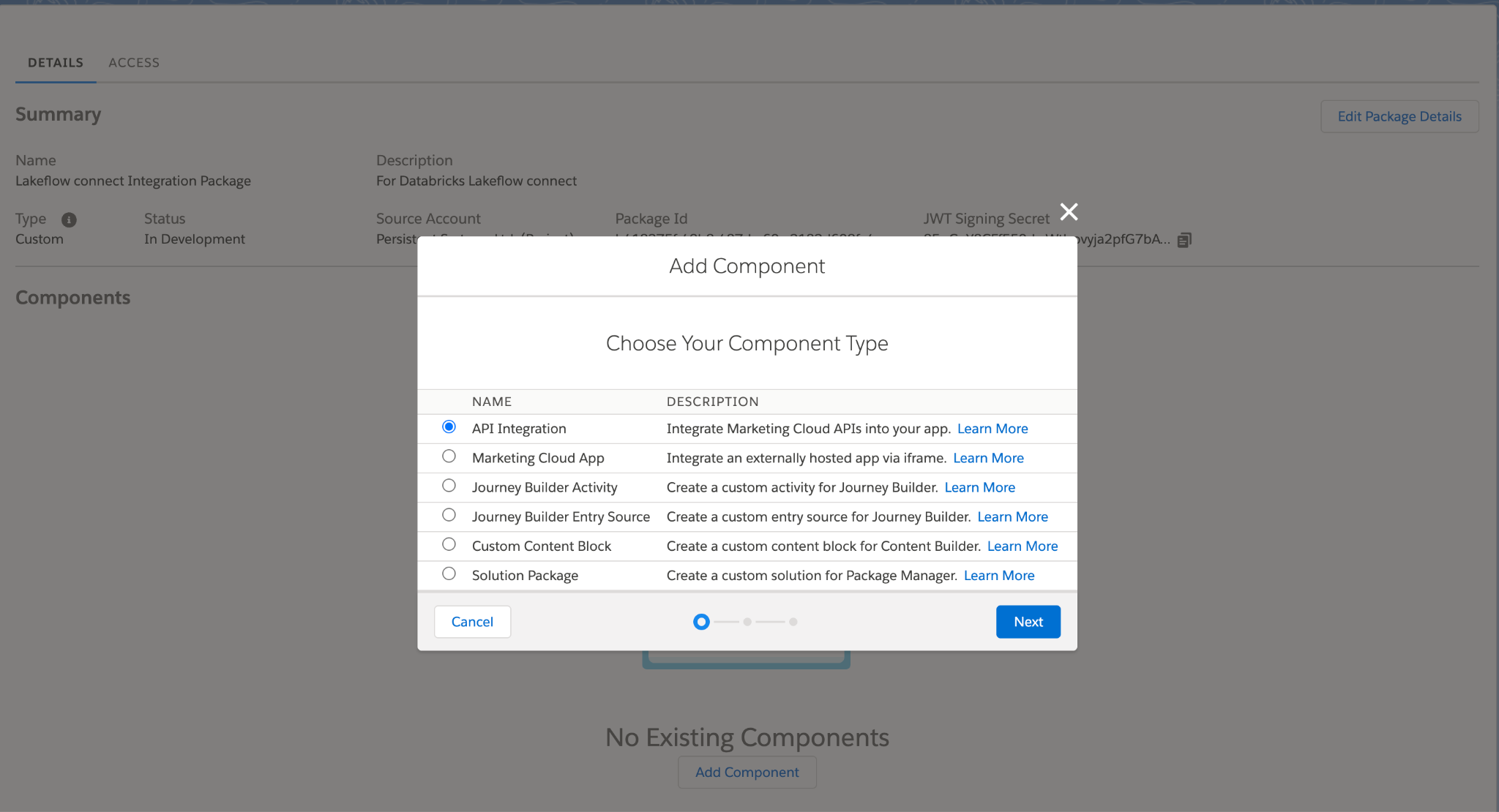 Boîte de dialogue « Choisir le type de composant » avec l'intégration API sélectionnée