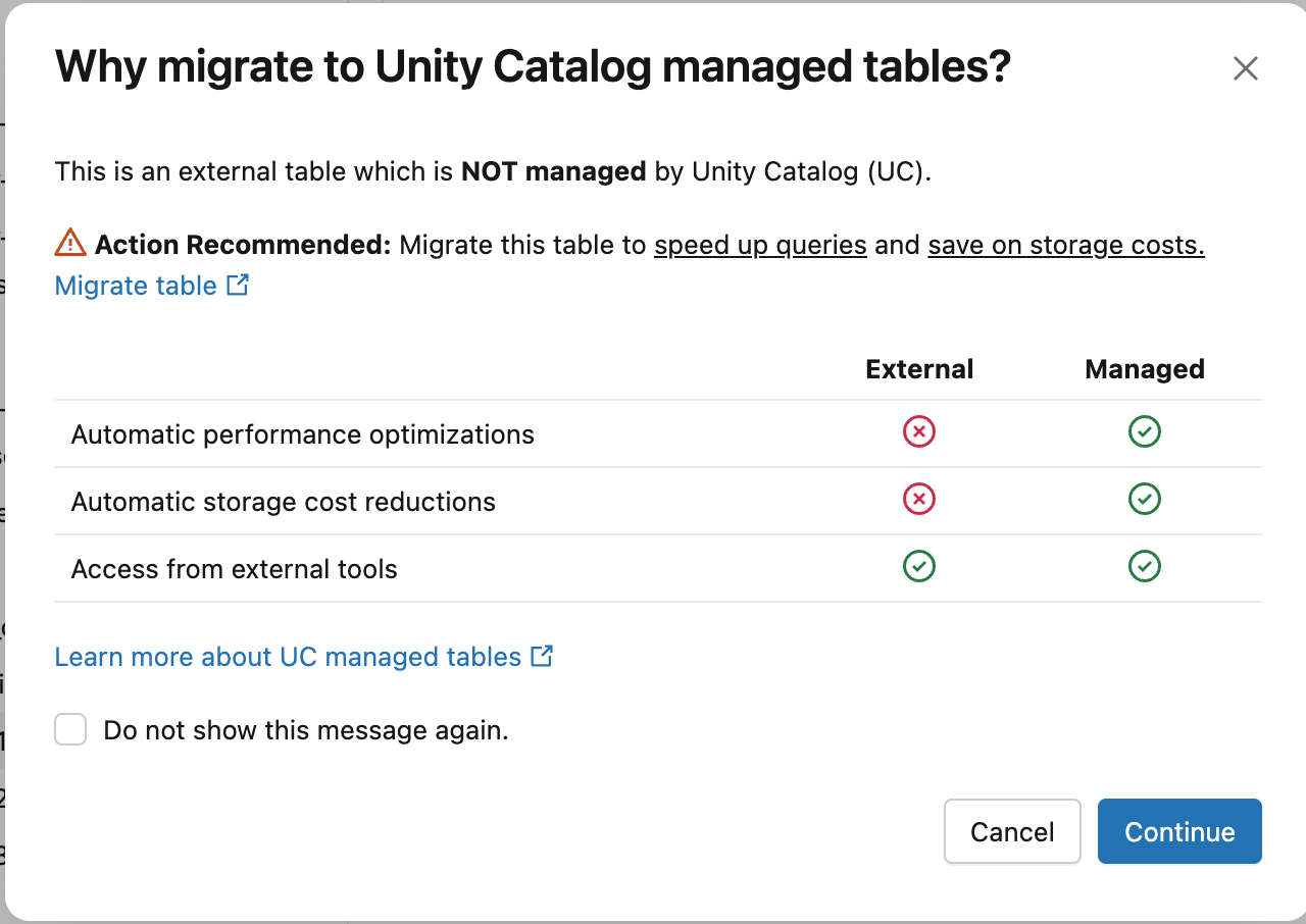 La boîte de dialogue Pourquoi migrer vers les tables gérées par Unity Catalog avec le bouton Continuer