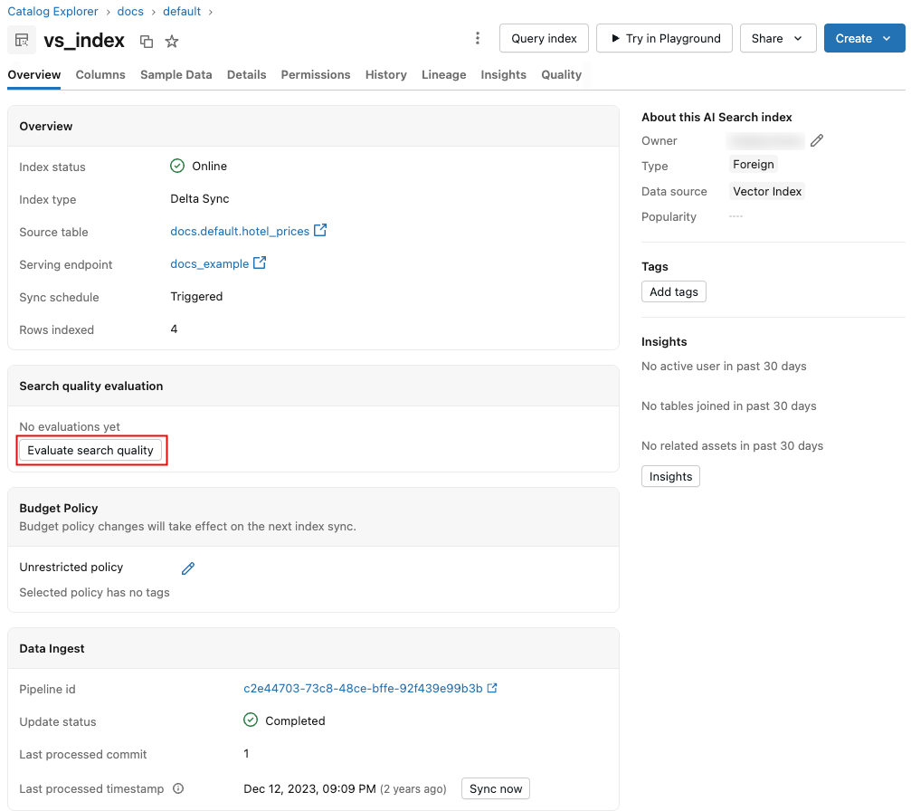 Bouton d'évaluation de la qualité sur la page d'index de recherche IA.