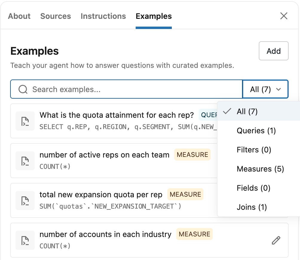 L’Exemples tab du panneau Configurer, affichant une liste consultable d’exemples de queries, de mesures et de jointures avec un filtre par type d’exemple.