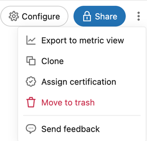 Le menu kebab de l'agent, affichant les options Exporter vers la vue métrique, Cloner, Assigner une certification, Déplacer vers la corbeille et Envoyer des commentaires.