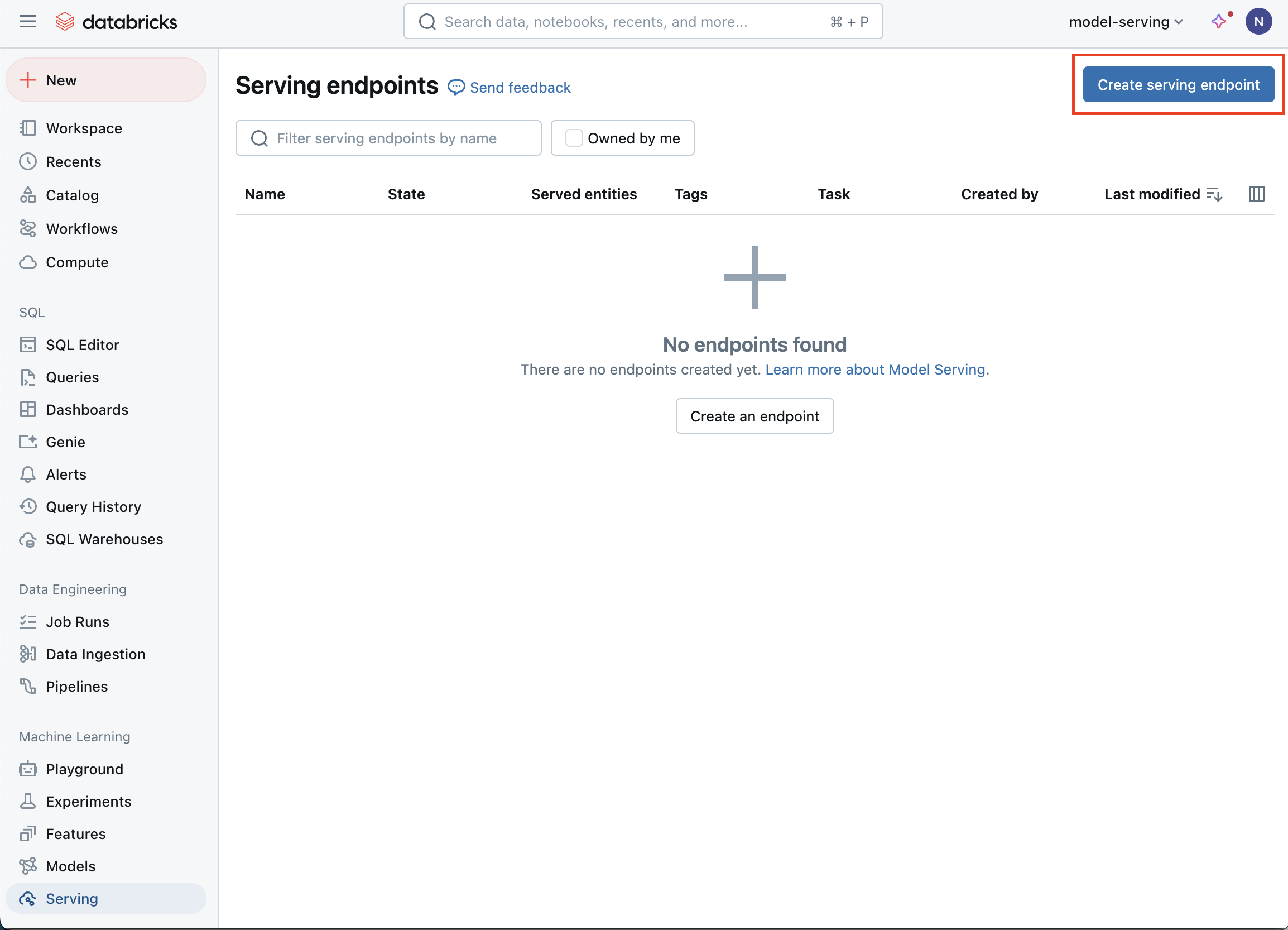 Volet Model Serving dans l'interface utilisateur Databricks pour GCP