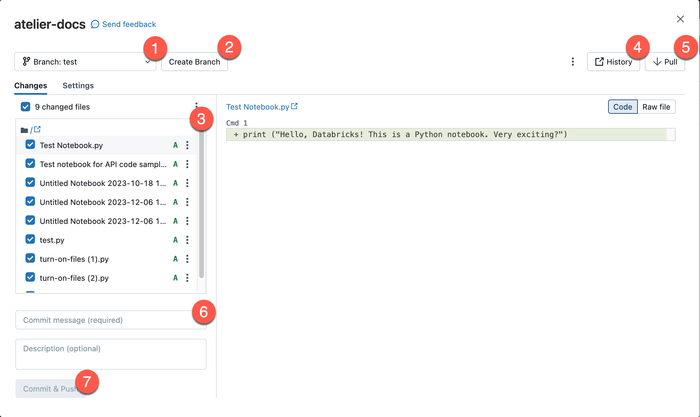 La boîte de dialogue utilisée pour effectuer des opérations Git dans un workspace Databricks.