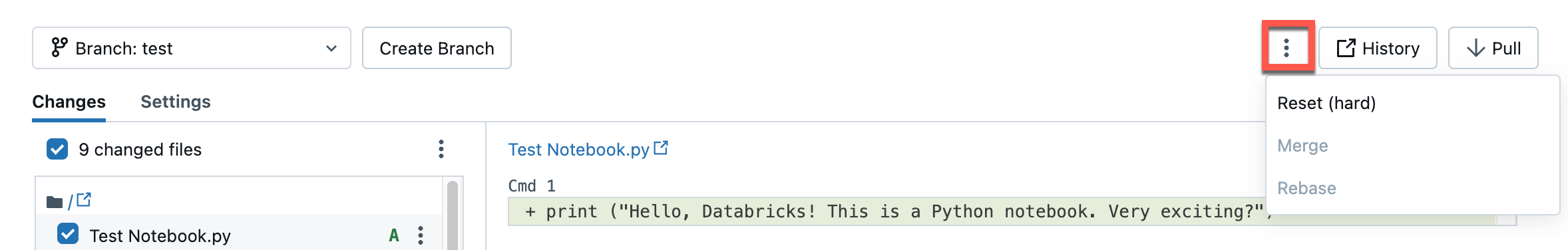 Menu dans la boîte de dialogue du dossier Git pour les opérations de Branch.