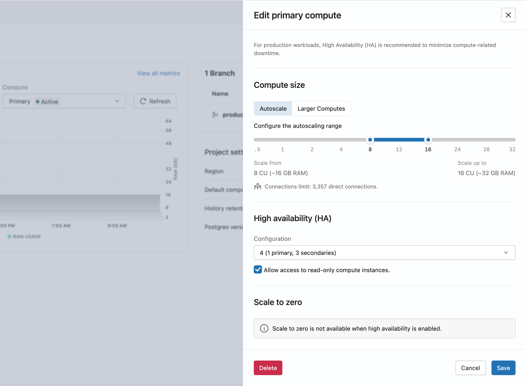 Tiroir d'édition du compute affichant le sélecteur de type de compute réglé sur Haute disponibilité et le menu déroulant Configuration avec des options pour 2, 3 ou 4 instances de compute au total