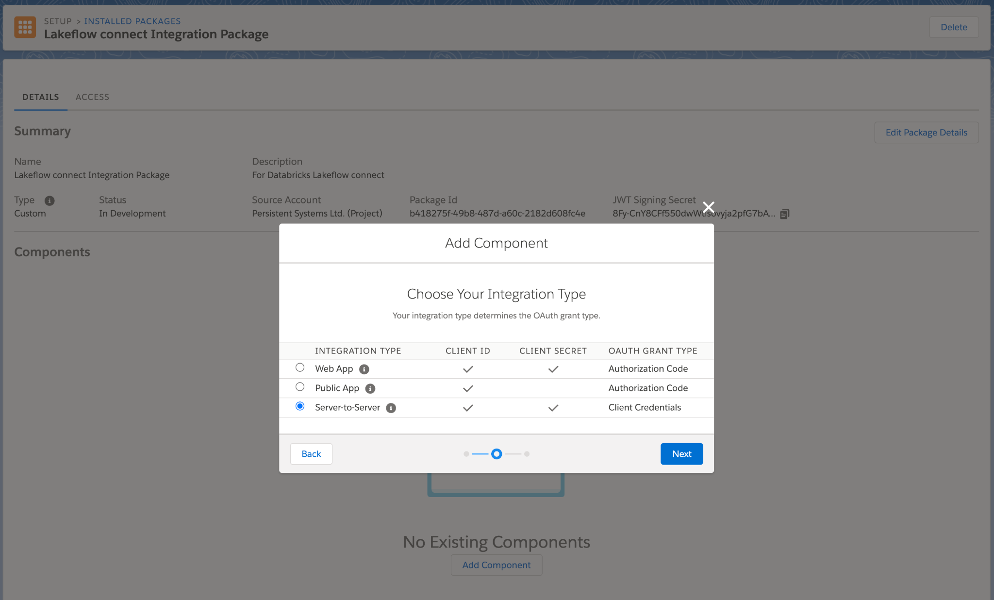 Boîte de dialogue Choisir votre type d'intégration avec l'option De serveur à serveur sélectionnée