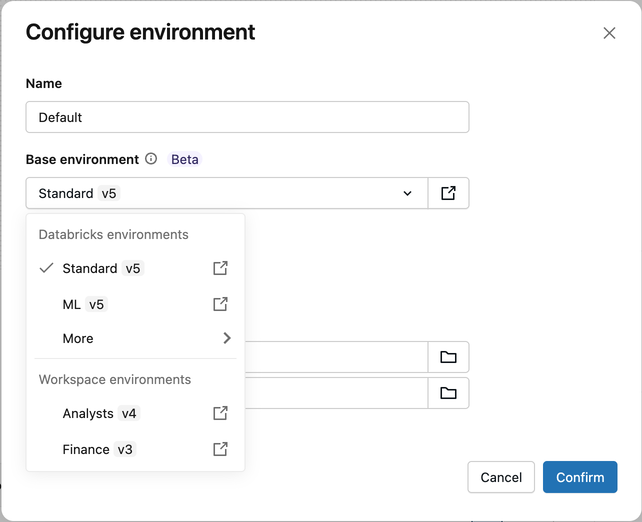 Boîte de dialogue de configuration de l'environnement affichant le menu déroulant Environnement de base développé avec les environnements Databricks et les sections d'environnements Workspace