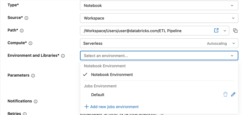 Menu déroulant Environnement et Bibliothèques pour une tâche Notebook affichant les options Environnement Notebook et Environnement de jobs