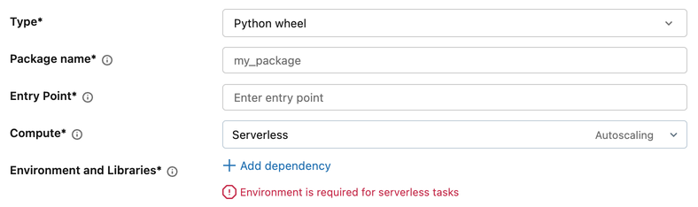 Section Environnement et Bibliothèques pour une tâche Python wheel montrant le Link Ajouter une dépendance