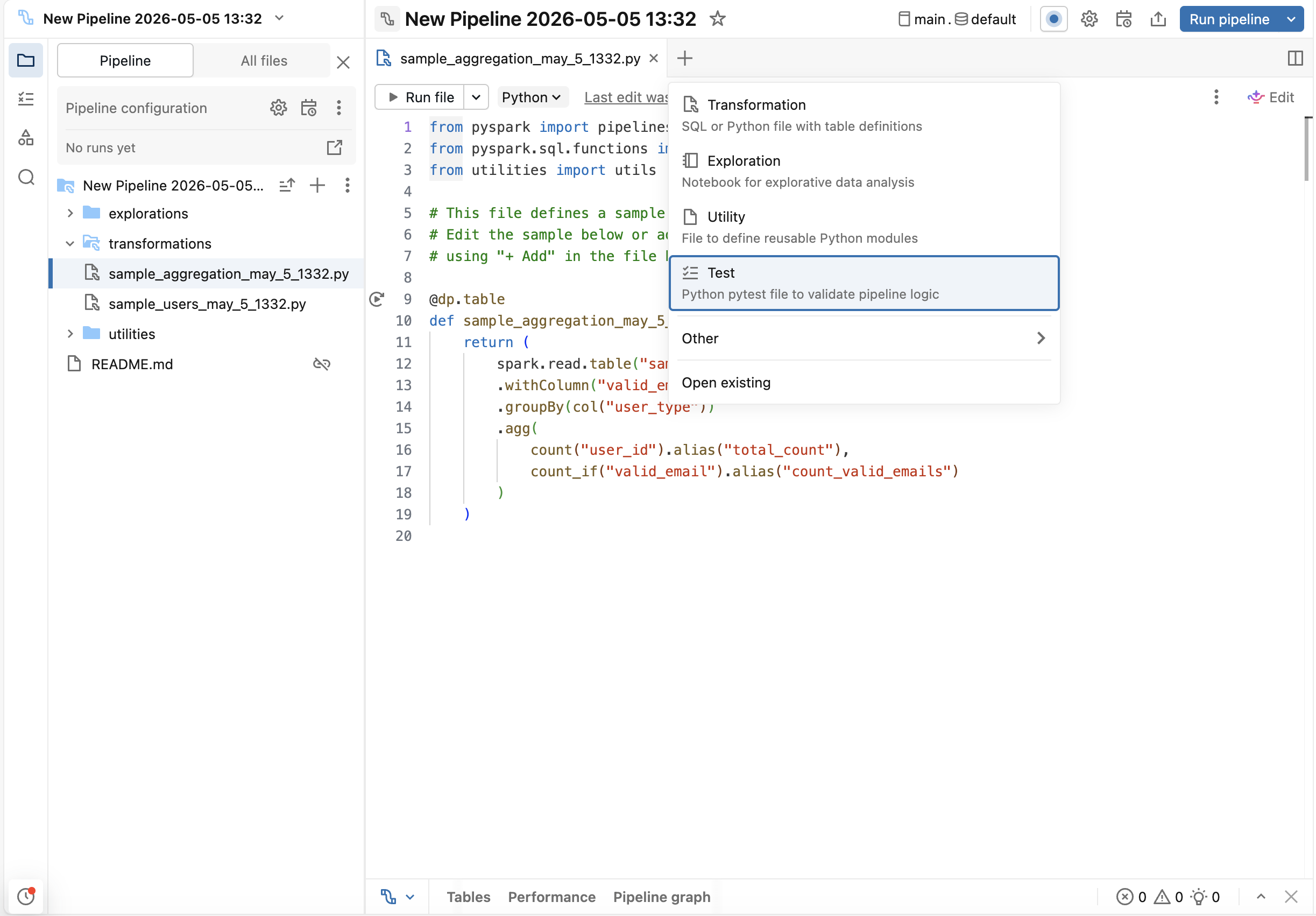Ajouter le menu d'assets de pipeline affichant l'option Test pour créer un fichier pytest.