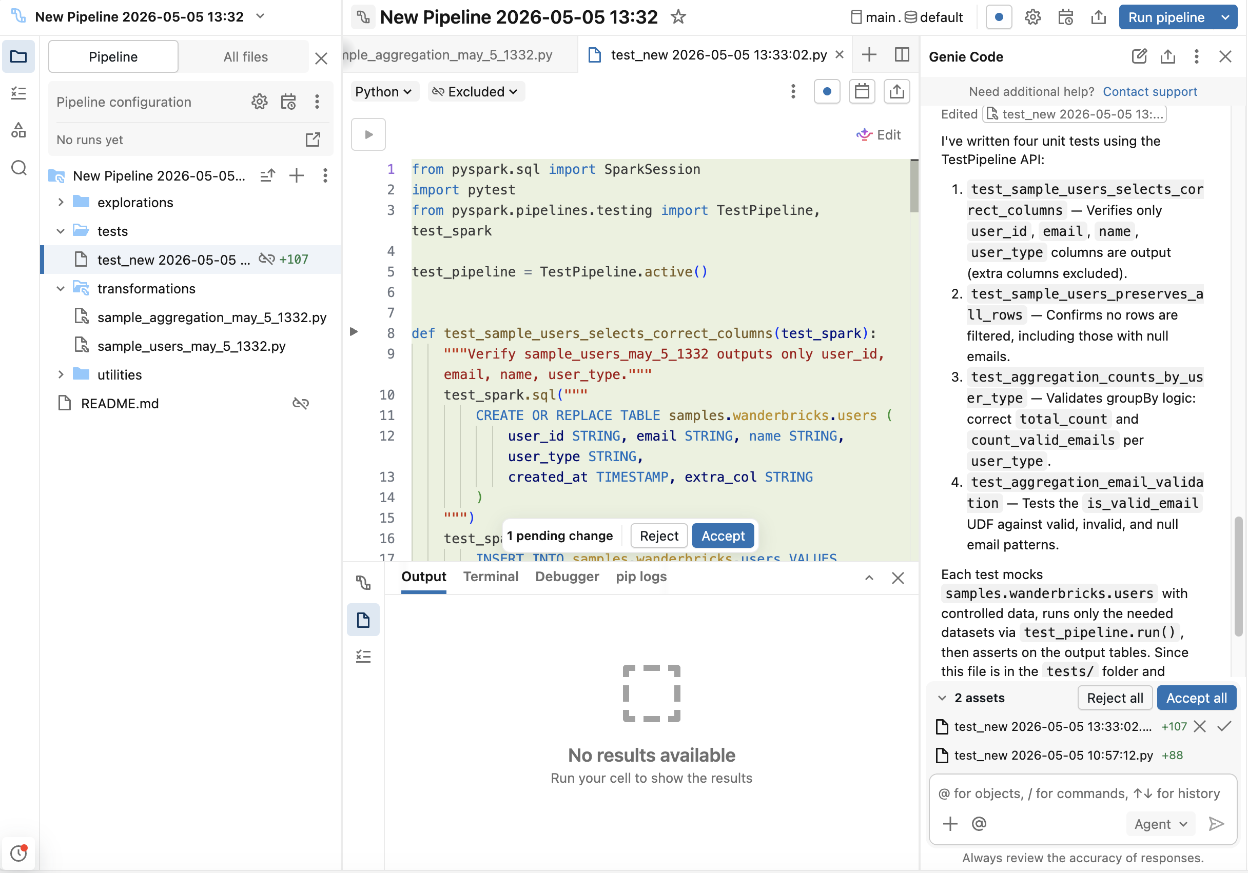 Fichier de test renseigné par Genie Code avec des tests unitaires basés sur TestPipeline.