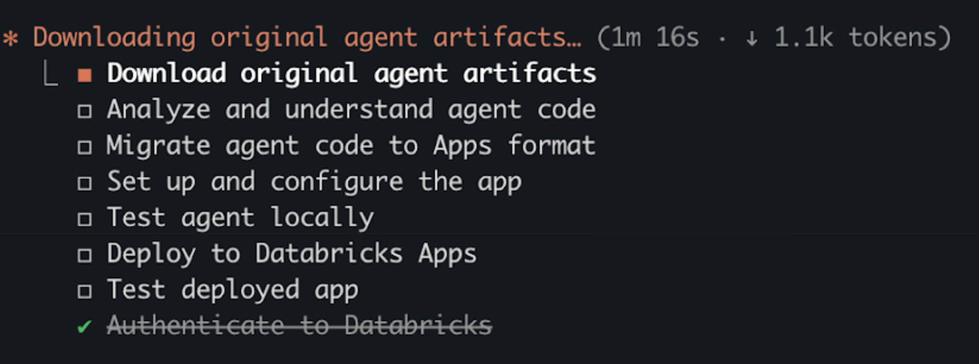 Capture d'écran d'un assistant de codage IA affichant une liste de tâches pas à pas pour migrer un agent de Model Serving vers Databricks Apps.