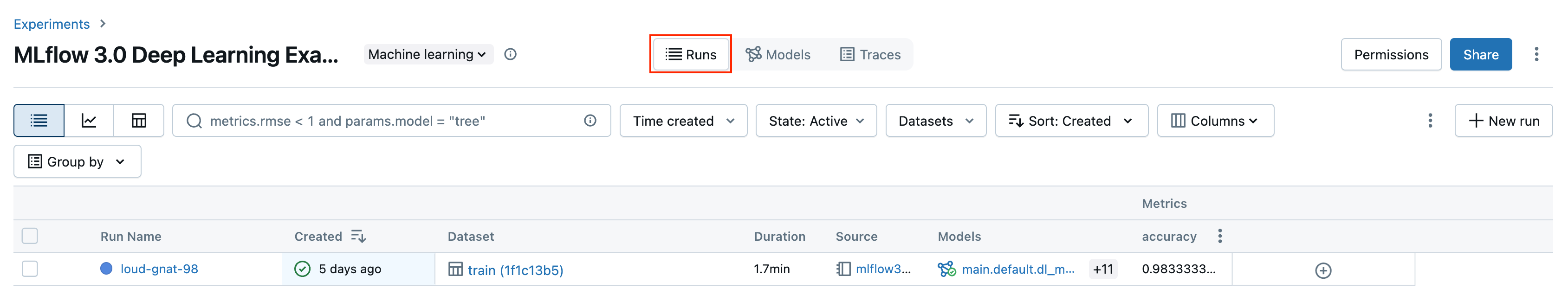 MLflow 3 runs tab montrant une exécution d’entraînement de deep learning.