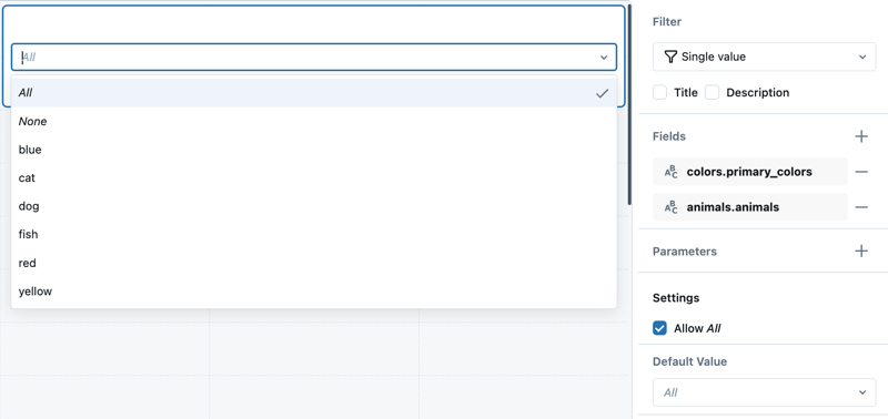 La configuration du filtre indique que deux datasets sont sélectionnés. La liste déroulante du widget affiche les valeurs des deux datasets