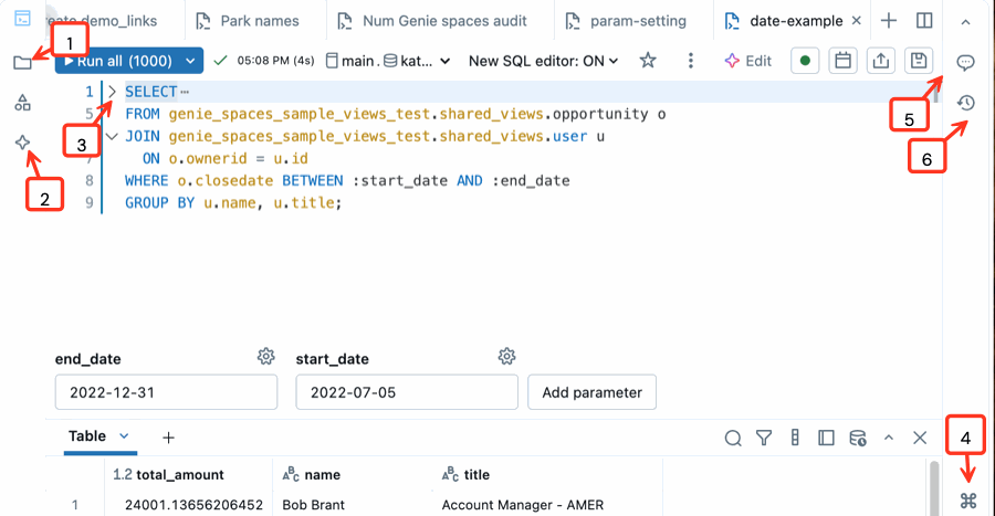 Éditeur SQL avec des légendes numérotées marquant le navigateur de fichiers du Workspace, le volet Databricks Assistant, la flèche de réduction de code, la palette de commandes, l'outil de commentaires de code et l'historique des versions.